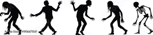 Vector, black, silhouette, illustration, set, of, various, creepy, zombies, and, a, skeleton, walking, in, spooky, poses, for, Halloween, horror, and, undead, monster, design, elements