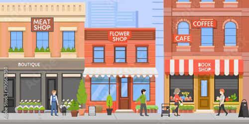 Colorful street scene featuring various small businesses and pedestrians