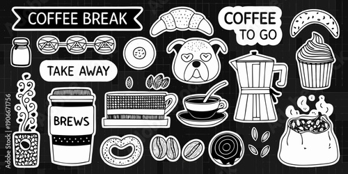 A charming collection of hand drawn coffee and pastry themed illustrations