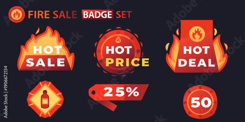 Fire sale badge set with hot deals and percentage discounts displayed