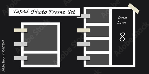 A set of rectangular photo frames taped to a dark background