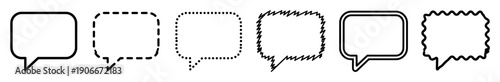 Set of six different black outline speech bubbles with various border styles including solid, dashed, dotted, jagged, and wavy for representing dialogue and messages