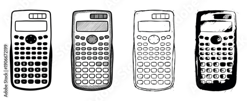 Four scientific calculators in different hand-drawn styles showing a collection of black and white ink sketch illustrations for educational or financial concepts