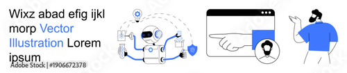 Artificial intelligence, automation systems, identity verification, cybersecurity, data protection, digital solutions. Robot with icons, finger pointing to ID photo user with hand gesture. Identity