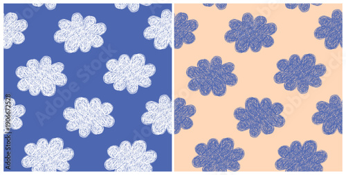 Infantile Style Seamless Vector Patterns With Hand Drawn Clouds Made of Scribbles. Abstract Doodle Clouds Isolated on a Beige and Dark Blue Background. Ideal for Wallpaper, Fabric, Kids' Products.