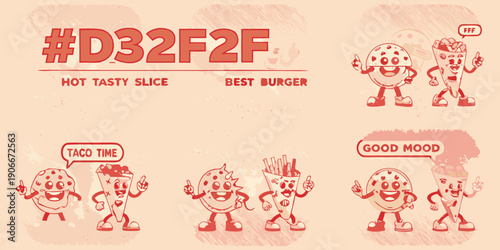 Colorful illustration of various fast food items with cartoon characters