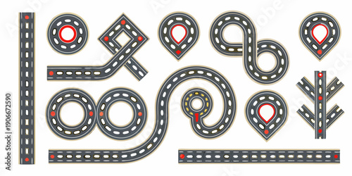 Various road segments with red markers arranged in a playful composition
