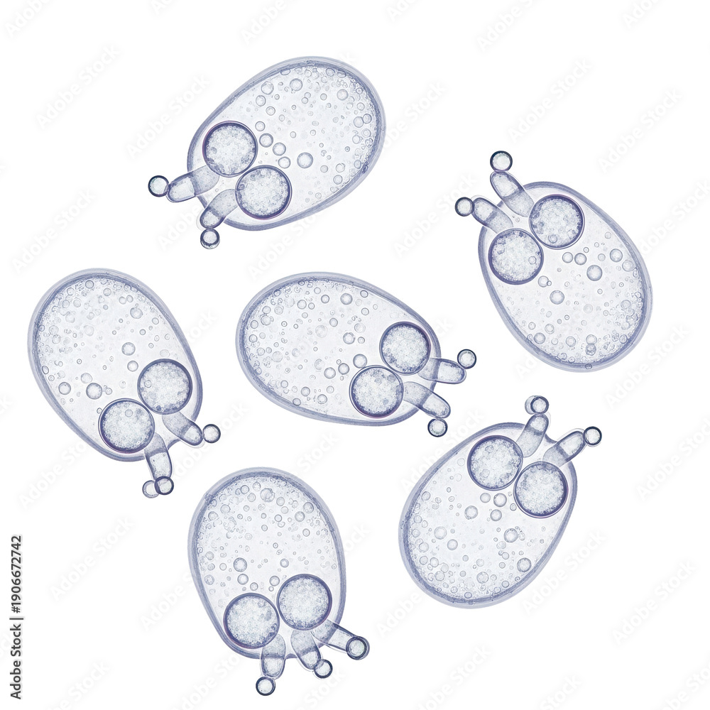 Naklejka premium Microscopic biological cells with internal structure and bubbles