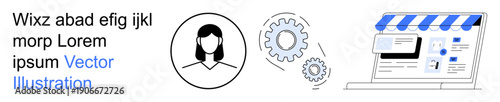 Identity verification, e-commerce, online business, website management, digital tools, user authentication. A user icon, gear and laptop screen with storefront indicate processes. Identity