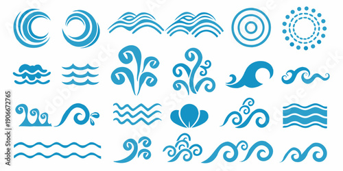 Collection of blue water wave and swirl decorative design elements