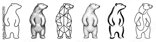 Set of six black polar bear illustrations standing on hind legs, showcasing various artistic styles like line art, hatching, geometric, stippling, brush stroke, and continuous line drawing