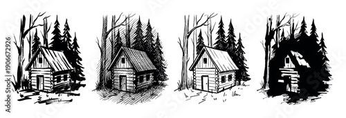 Set of four hand-drawn log cabins in a forest, illustrated in a black and white ink sketch style with variations in shading, hatching, and silhouette for a rustic design