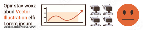 Automation, data visualization, technology trends, emotion analysis, robotics, artificial intelligence. A graph with upward trend, multiple robots and a neutral face. Automation and data