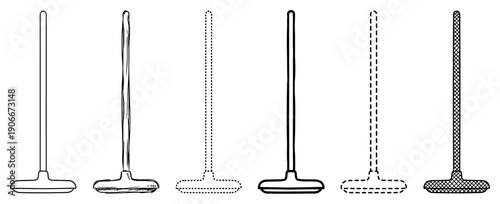 Set of six black line art mops showing different illustration styles like sketch, doodle, dotted, and dashed outlines for tracing or design element concepts