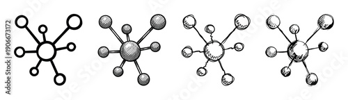 Set of four hand-drawn molecule icons showing different sketch styles from simple line art to rough doodles, representing network, connection, and scientific structure