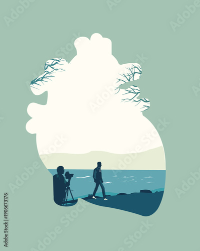 A romantic silhouette illustration of a man and man together on a beach surrounded by nature and love-themed design elements under the shape of heart 