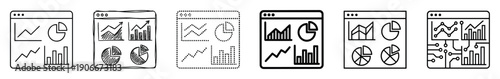 Six black line icons of analytics dashboards showing various data charts and graphs in different styles such as minimalist, hand-drawn sketch, dotted, and futuristic