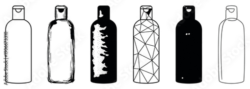 Set of six cosmetic bottles illustrated in various black and white graphic styles like outline, sketch, silhouette, geometric, and continuous line art