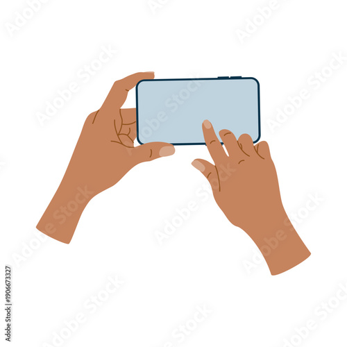 Hand holding mobile phone in horizontal position and touching screen with finger. Using smartphone. Hand drawn vector illustration isolated on white background. Modern flat cartoon style.