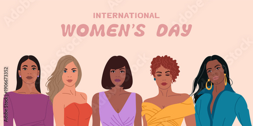 Group of beautiful women together. International Women's day, colorful banner. Hand drawn vector illustration isolated on light background. Flat cartoon style.