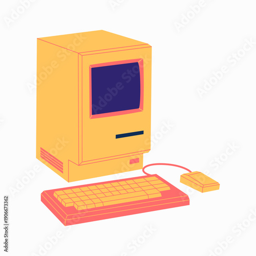 Yellow retro computer. Vintage electronic equipment with monitor and keyboard. Old style technology. Hand drawn vector illustration isolated on white background, modern flat cartoon style.