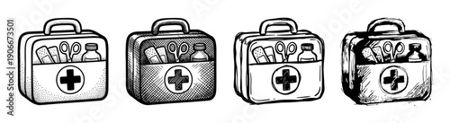 Set of four hand-drawn first aid kits in various sketch styles, showing different shading techniques like stippling and cross-hatching with medical supplies inside