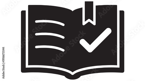 Book icon with checkmark and bookmark featuring simple design and clean lines featuring minimalist, education, reading with learning and verification elements for confirmation, approval projects,