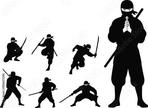 Vector, black, silhouette, illustration, set, of, various, Japanese, ninja, or, shinobi, warriors, in, combat, poses, with, swords, and, katanas, for, martial, arts, design, elements