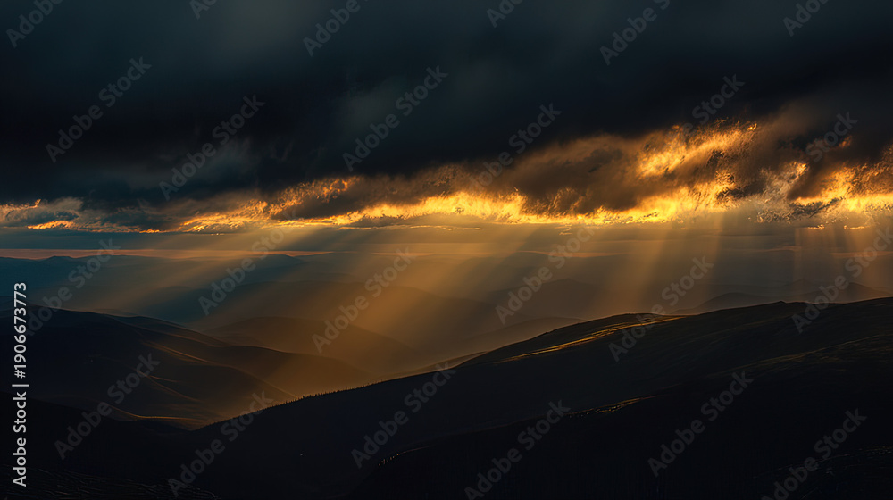 Fototapeta premium bedrock. Golden light breaking through clouds over a majestic mountain peak. travel magazines, destination branding, designed for outdoor magazines and nature guides and travel destination branding. 