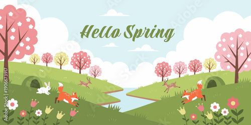 Hello Spring text with blooming trees, flowers, river, and cute forest animals. Nature landscape background for seasonal design.