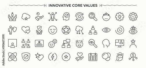 Set of Innovation line icon. Pack of invention, startup, brain, intelligence, ai, technology and more. Minimalist linear icons. Technology linear icon collection. Editable vector illustration.