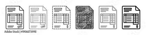 Six black and white invoice document icons presented in a variety of graphic styles such as line art, dotted, dashed, and hand-drawn sketch for payment concepts