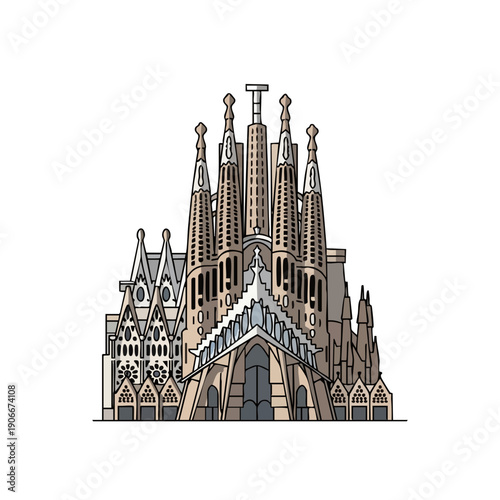 Sagrada Familia Basilica in Barcelona Spain Architectural Illustration.