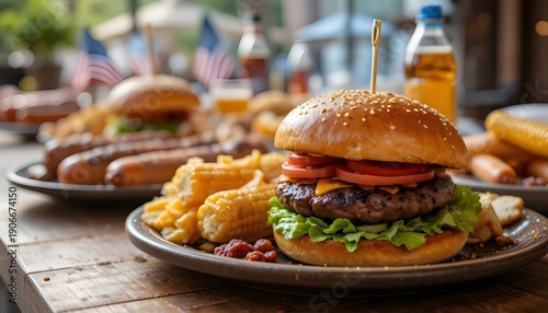 Delicious American style burger with fries on wooden table