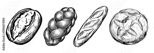 Set of four hand-drawn bread illustrations including a braided challah, baguette, and round loaf in a detailed vintage black and white sketch style