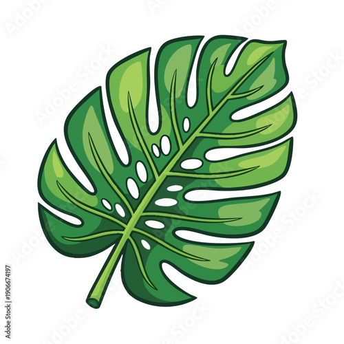 Vibrant Green Monstera Leaf Illustration with Detailed Veins and Holes.