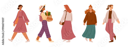 Walking elegant female personages wearing casual clothes. Vector isolated set of fashionable and modern ladies strolling for fun. Moving girls, motion and posing smiling and slowly stepping