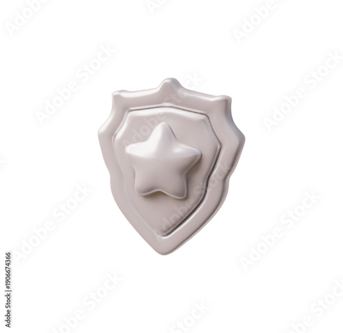 A white 3D police badge in the shape of a shield with a star.