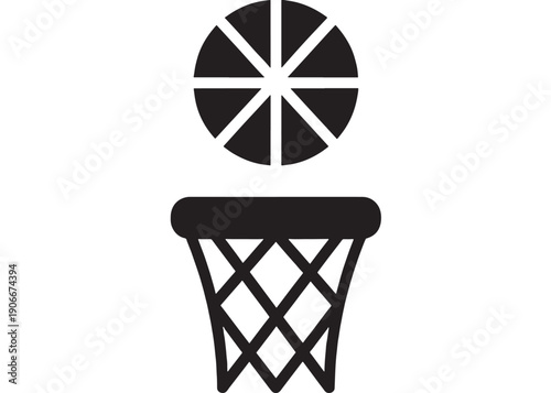 Basketball hoop icon with ball above net, minimal black silhouette pictogram, flat vector symbol for sport app UI, court signage, game logo, web button and infographic
