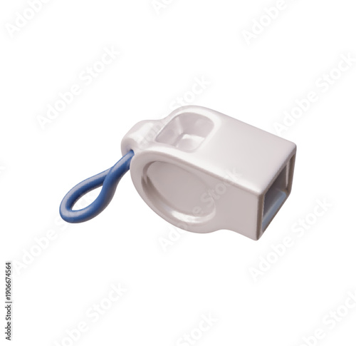 A white plastic 3D whistle with a blue loop, signaling equipment.