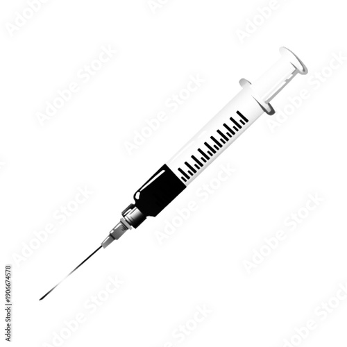 Medical syringe illustration in monochrome halftone style. Hypodermic needle with measurement scale, isolated on white background, suitable for healthcare, vaccination, medicine and medical safety con