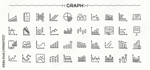 Graph icon set. Research vector line icon set. Includes thin line symbols magnify, check, audit, research, audit, inspect, finance and more. Editable vector. Pixel perfect.