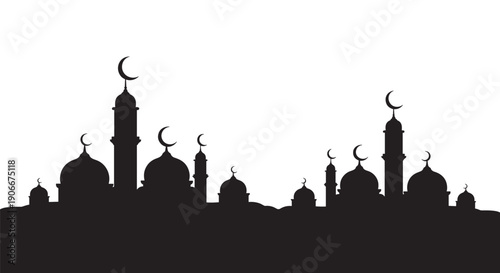 Islamic city skyline silhouette with crescent moons on minarets and domes against white background