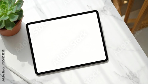 A modern tablet with a blank white screen rests on a marble surface next to a potted succulent plant and a stylus.