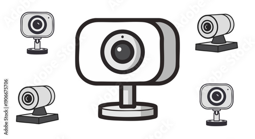 Collection of stylized digital webcam icons illustrating various designs for video conferencing and remote communication devices used in modern computing environments.