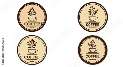 Collection of four distinct vintage organic coffee logos featuring a stylized coffee cup with a growing plant seedling inside representing fresh natural beverage products.