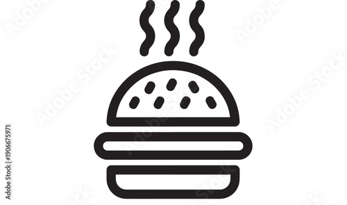 Burger hot food icon with steam lines, minimal black outline pictogram for fast food menu, restaurant signage, app UI, delivery service, and web design isolated