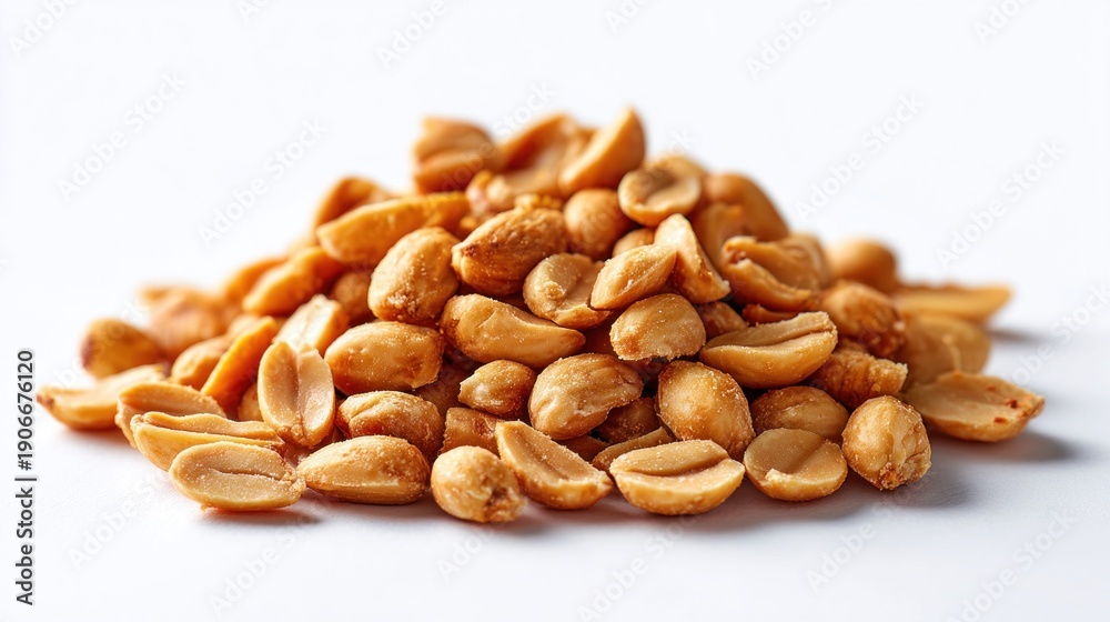 Obraz premium A pile of roasted salted peanuts on a white background, close up shot