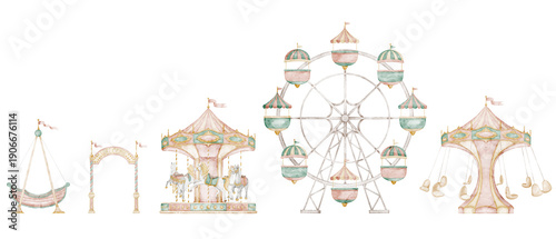 Wallpaper Mural Watercolor border with Amusement park attractions including carousel, Ferris wheel, swing ride and entrance arch. Seamless pattern in gentle pastel style for nursery banners, kids party design. Torontodigital.ca
