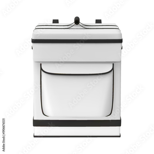 3D food delivery backpack, square, white, with a pocket and black stripes, front view.